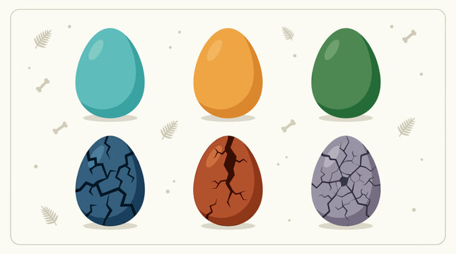 Colorful dinosaur eggs are hatching in a nest on the ground
