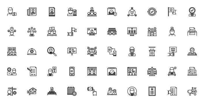 Politics icon set. Minimal line political vector icons. Democracy, campaign, ballot, candidate, communication, advertisement, and more. Editable stroke.