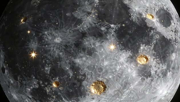 Revealing large lunar surface showing cratered terrain in space, with gold deposits, flares