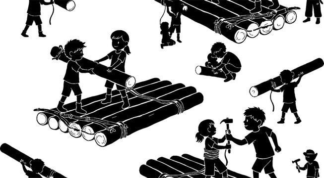 Silhouette of Children Carrying Large Wooden Instruments Together.