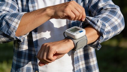 Naklejka premium Adjusting man in plaid shirt lifting sleeve and checking wrist BP cuff in sunny park