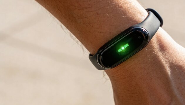 Displaying bare wrist wearing black fitness tracker on beige pavement in sunlight, with green LED