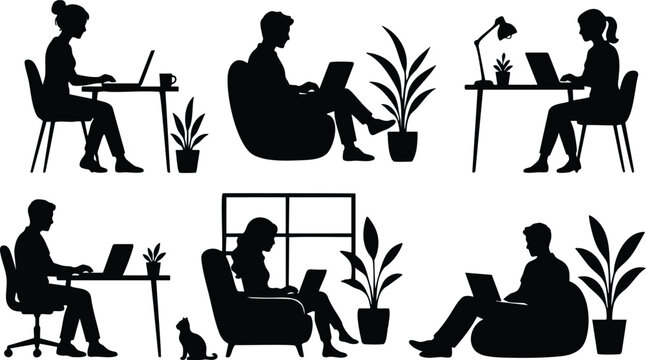 Remote work people silhouette collection, people working on laptops from home