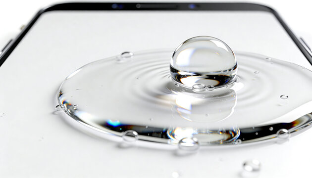 Showing large clear droplet rippling on smartphone screen in studio, with bezel, puddle, bubbles