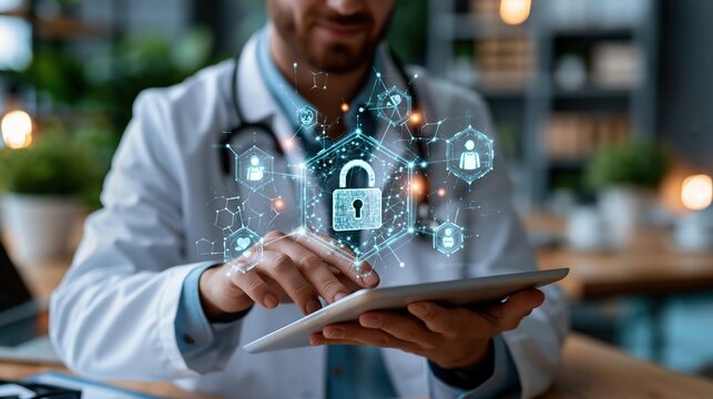 Healthcare cybersecurity concept, physician accessing encrypted patient records through an AI-powered secure medical network, glowing data protection elements