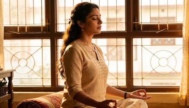 Sitting Indian woman meditating at home on cushion by mullioned window, in beige kurta and jewelry