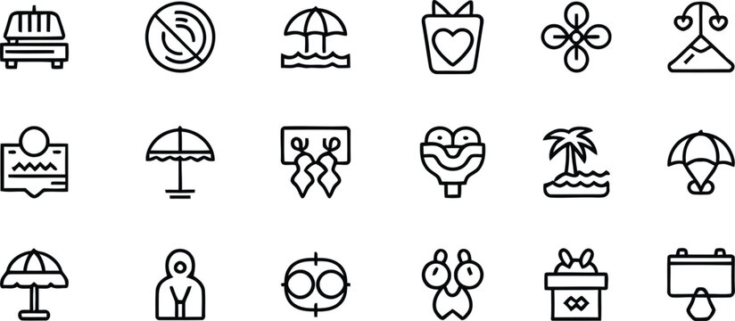 Collection of black line icons for travel and vacation
