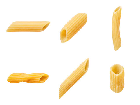 Collection of uncooked Italian pasta varieties, including penne, tortiglioni, and spirali, on transparent background.