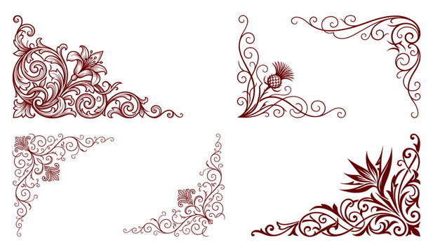 Vintage floral corner borders set, elegant burgundy scrollwork frame elements, antique victorian filigree ornaments for wedding invitations and stationery