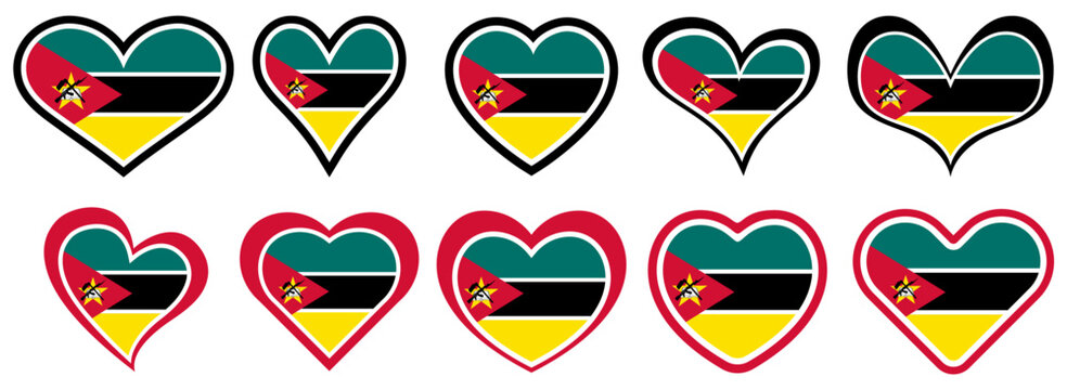 Collections Mozambique flag heart shaped icon set. Mozambique flag love symbol. Romantic Mozambique flag badge emblem design vector illustration