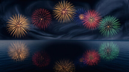 Fototapeta premium Vibrant fireworks display over dark water, colorful pyrotechnic celebration, festive night sky reflection
