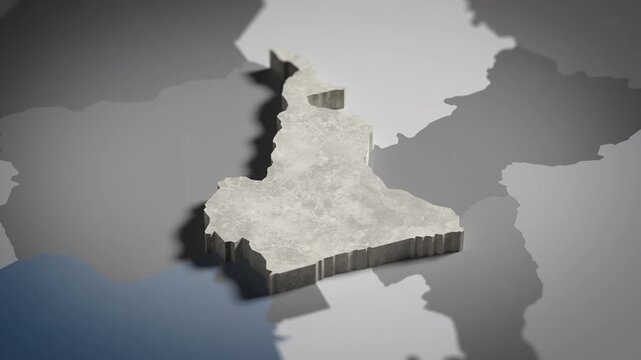 World map animation Birds eye view above Cameroon, Cameroonian, Douala, Africa with highlighted country borders. Cinematic 3d world map animation highlights aerial views, 4k Video