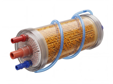Hemodialyzer showing internal hollow fibers, blood ports (red and blue), and dialysate flow (blue coil), a medical device for kidney dialysis on white background.