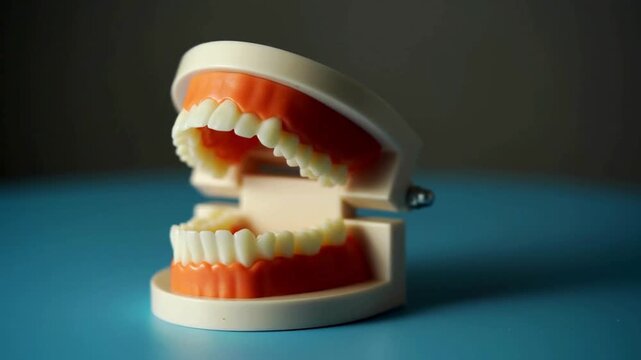 Plastic human jaw model with white teeth and pink gums rotating slowly on a blue surface in a dental clinic setup, 4K video showing orthodontics dentistry education equipment tool for stomatology care
