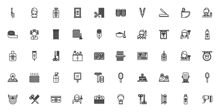 Hairstyle icon set. Barber vector icons pack. Minimalist line icons. Featuring barber, beauty, hair, beard, comb, salon, avatar, appointment, basin, electric, aerosol and more.