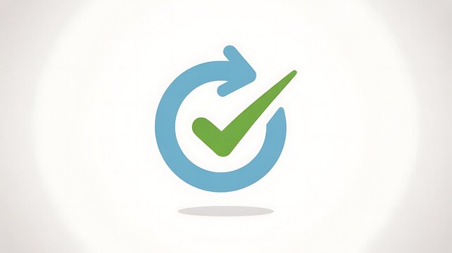 Green checkmark, circular arrow, confirmation icon, blue and green symbol