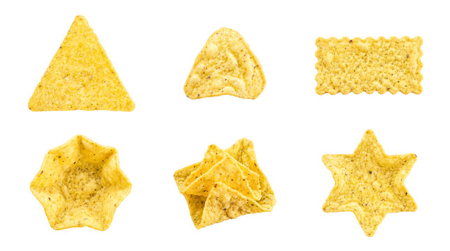 Diverse golden corn tortilla chips showcasing unique shapes and crunchy textures, isolated on a transparent background.