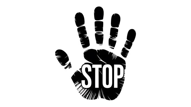 Stop handprint, protest symbol, black and white, palm with stop text