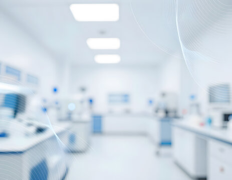 Abstract blurred laboratory background with technology wave lines.〈抽象的なぼやけた実験室の背景に、テクノロジーの波線が描かれている〉