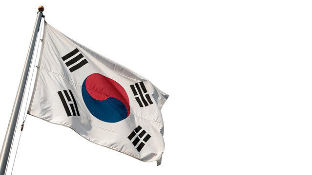 National flag of South Korea waving on silver flagpole isolated on transparent background