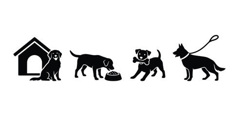 Fototapeta premium Dogs and Pet Supplies Silhouettes - Doghouse, Food Bowl, Bone, and Leash Vector Set