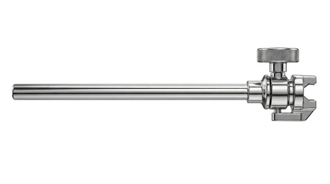 Stainless steel valve or pipe fitting with threaded ends and handle.