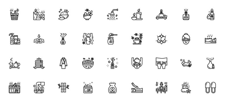 Spa icon pack. Minimal line icons. Featuring sauna, massage, aromatherapy, facial mask, candle, herbs, bamboo, stone, relaxation and more. Editable stroke.