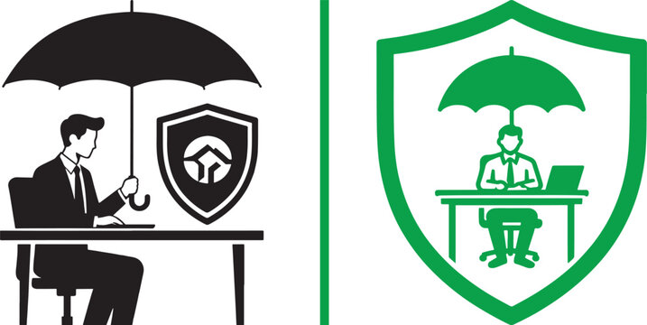 Business insurance and protection vector icons with businessman under umbrella and shield for risk management and workplace security