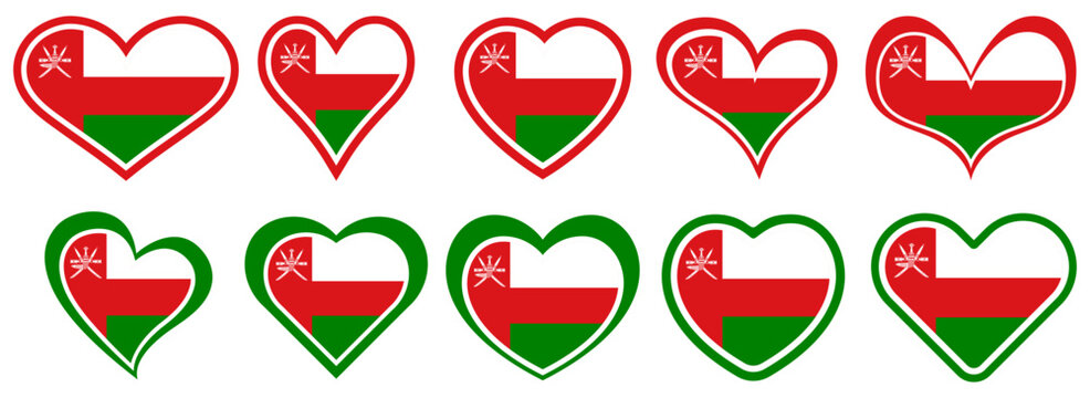 Collections Oman flag heart shaped icon set. Oman flag love symbol. Romantic Oman flag badge emblem design vector illustration