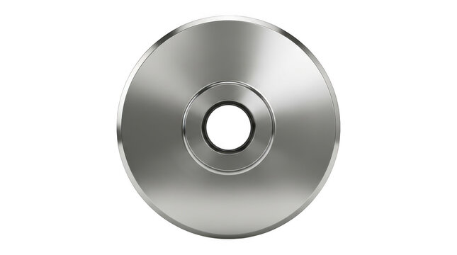 Shiny metallic CD or disc with reflective center hole on white background.