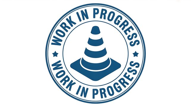 Work in progress stamp, construction sign icon, blue warning symbol, under development label