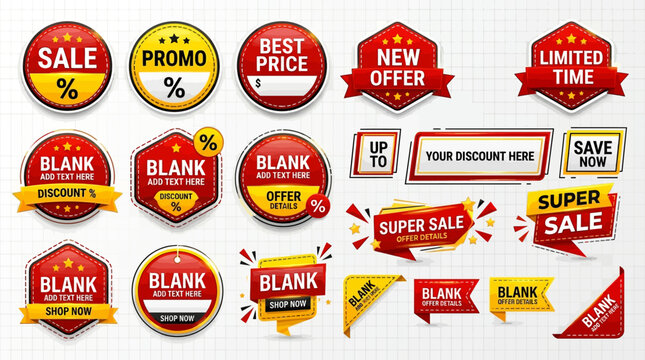 Collection of sale and discount stickers.