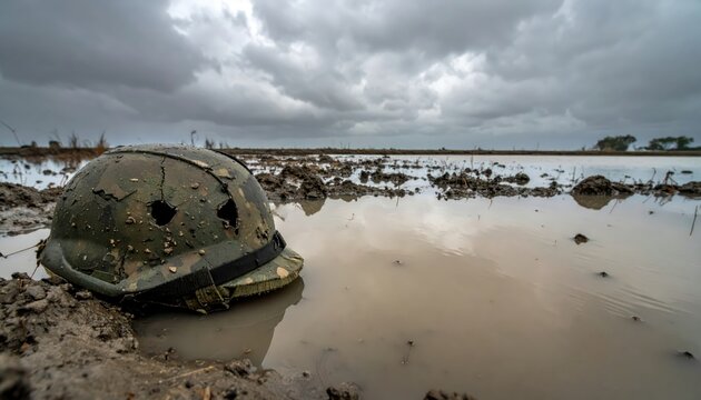 A damaged military helmet with a bullet hole rests in shallow muddy water under a cloudy sky, a poignant symbol of war and conflict.