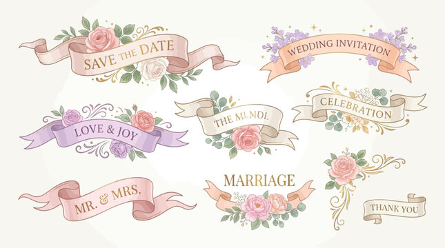 Vintage wedding ribbons and flowers decorations.
