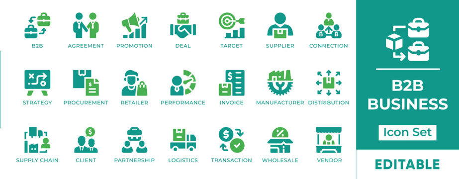 B2B icon set featuring business networking, deal, SaaS, analytics and partnership. Perfect for B2B platforms, websites, apps and marketing visuals.