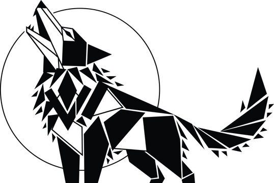 Geometric howling wolf vector illustration, black and white low poly wolf silhouette, abstract wild animal logo with moon background, modern polygonal canine graphic for apparel