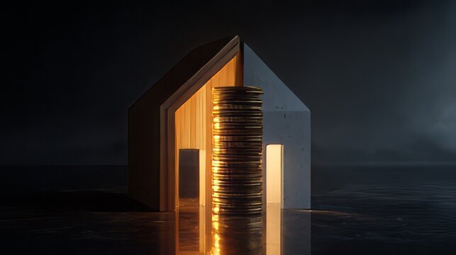 3d rendering real estate investment house split by a large stack of gold coins. Property value, capital, belonging, wealth generation, or mortgage financing silhouette. 