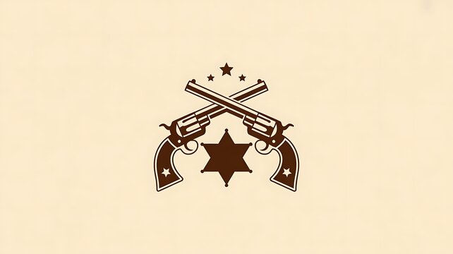 Western, cowboy revolver guns, sheriff star badge, brown logo