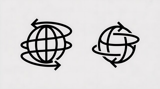 Black line art globe icons, rotating earth symbols, circular arrows, simple illustrations, business concepts
