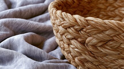 Obraz premium Close-up of a woven basket. the basket is made of light-colored wood and has a woven texture. it is placed on a bed with a gray fabric draped over it.