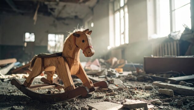 A damaged wooden rocking horse sits amidst the debris and ruins of a collapsed nursery, a poignant symbol of lost childhood.