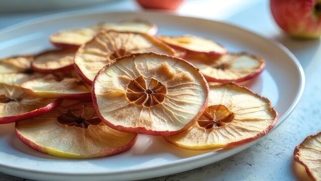 Dehydrated apple slices on a white plate