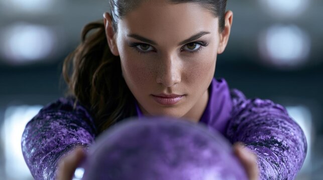 Close-up portrait of a young woman holding a purple bowling ball. she is wearing a purple long-sleeved shirt and her hair is pulled back in a ponytail.