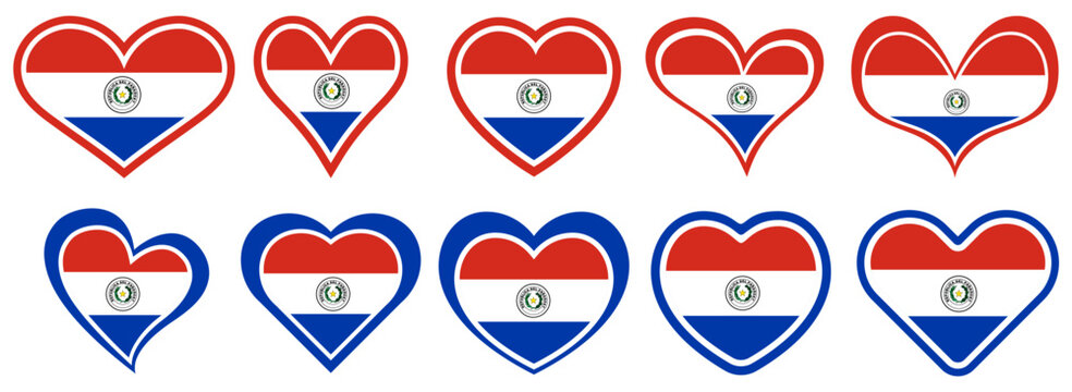 Collections Paraguay flag heart shaped icon set. Paraguay flag love symbol. Romantic Paraguay flag badge emblem design vector illustration