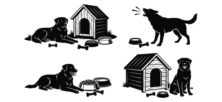 Dog silhouette icon set with labrador retriever lying down barking and sitting by wooden dog house kennel pet food bowls and bones accessories isolated on white background