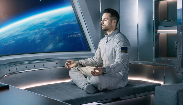 Astronaut meditates in luxury space travel module with futuristic architecture concept.