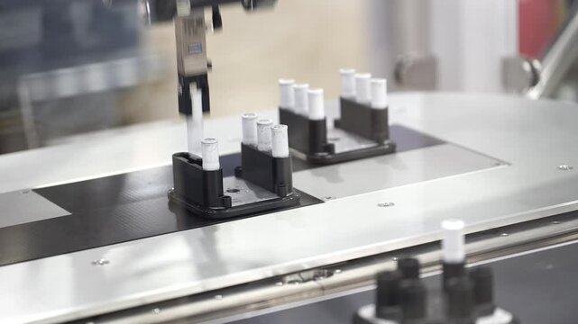 An automated robotic manufacturing system precise places cylindrical components onto bases on a factory assembly line during an industrial automation demonstration.