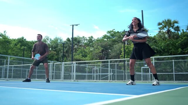 Mixed doubles pickleball teammates celebrating a successful play by tapping paddles, representing teamwork, achievement, sportsmanship, and positive recreation