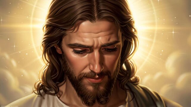 Portrait of Jesus Christ with a Halo and Clouds.