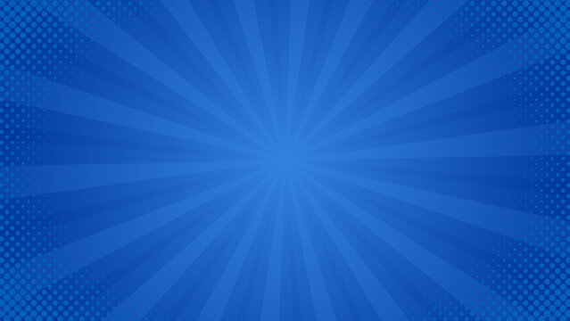Modern blue gradient comic sunburst background with halftone dots, pop art comic style wallpaper. Suitable for sale banners, covers, templates, posters, events, ads, and web pages